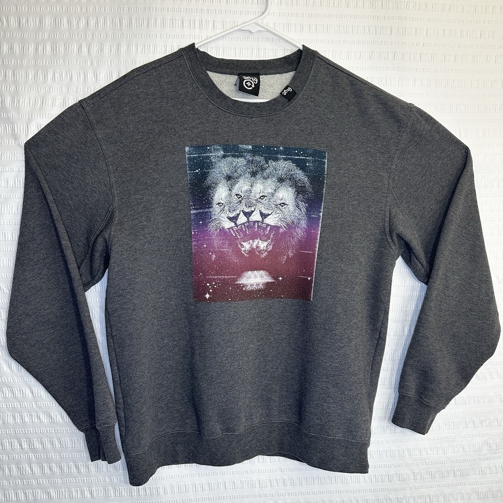 LRG Mens Sweatshirt Crewneck Triple Threat Lion Dark Grey Charcoal Pullover Sz L